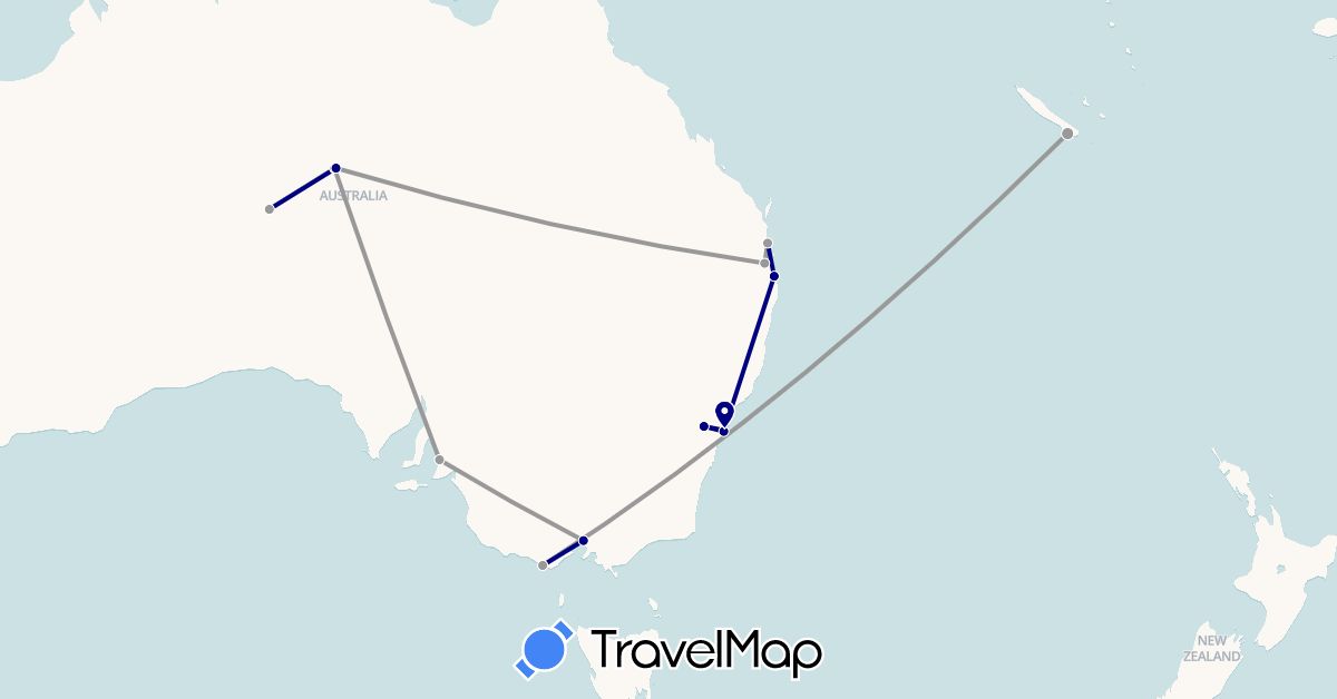 TravelMap itinerary: driving, plane in Australia, New Caledonia (Oceania)